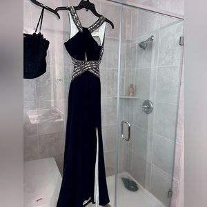 Betsy & Adam Beaded Front Slit Sleeveless Navy Blue Gown